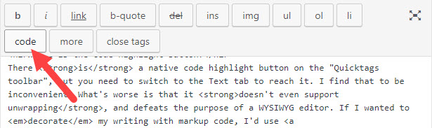 Code highlight button on quicktags toolbar