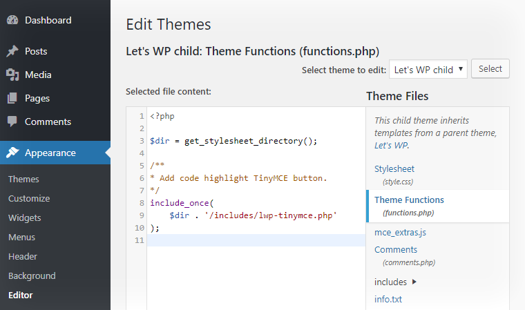 Editing a child theme's functions.php