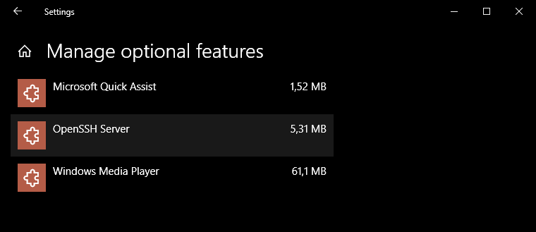Manage Optional Features OpenSSH server