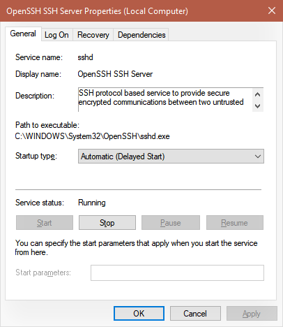 OpenSSH server service Automatic (Delayed Start)