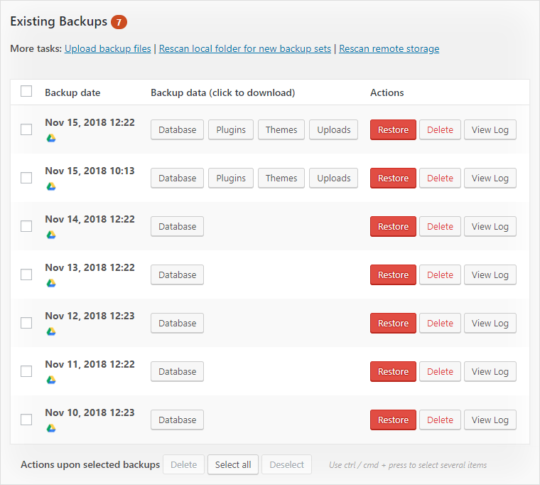 Existing backups UpdraftPlus