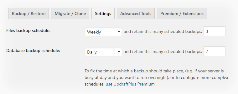 UpdraftPlus backup schedule and retention