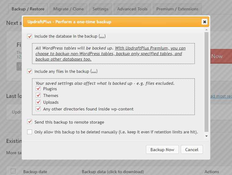 WordPress backup on demand UpdraftPlus