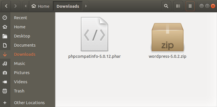 Ubuntu files window showing PHP CompatInfo for determining minimum required PHP version of WordPress
