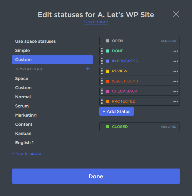 Customizable task statuses in ClickUp project management