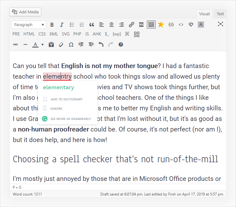 Grammarly inside the WordPress editor