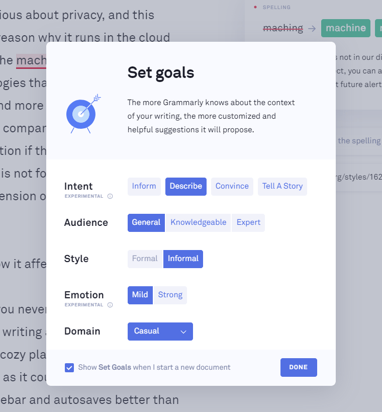 Set goals in Grammarly