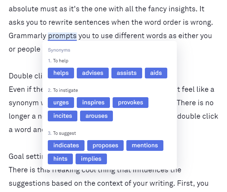Double click in Grammarly for synonyms