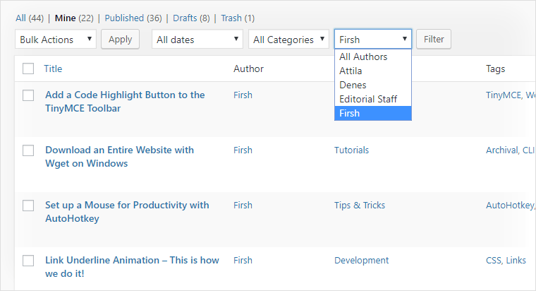 Author dropdown on the all posts screen of the WordPress admin dashboard