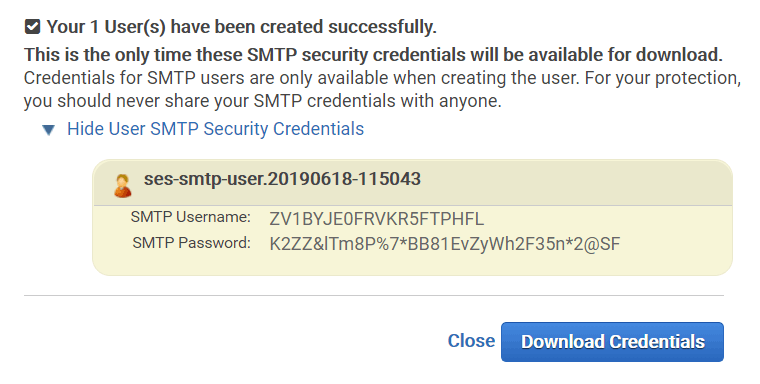 Amazon SES SMTP credentials