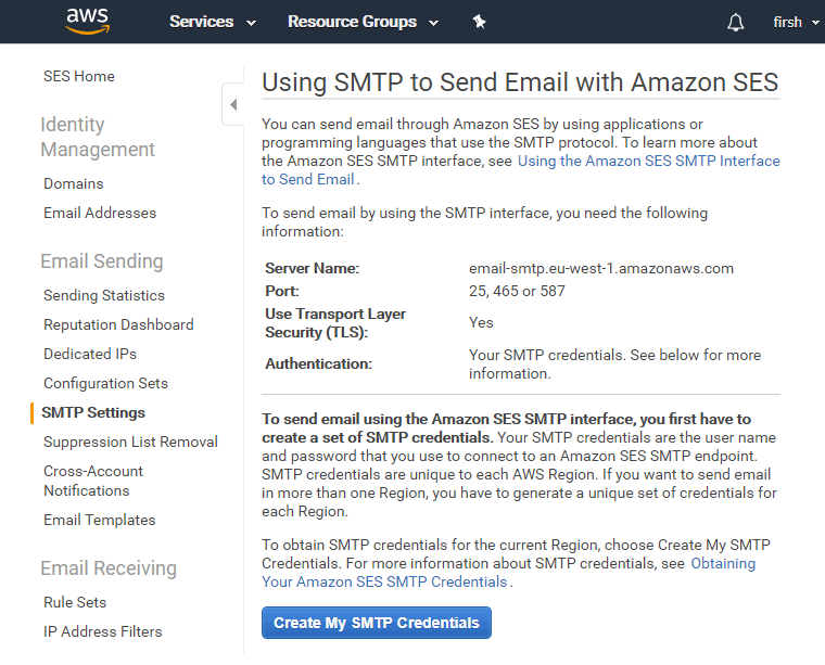 Amazons SES SMTP settings