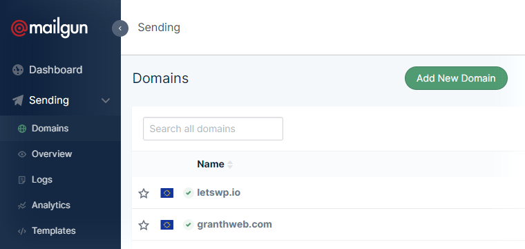 Domain list in Mailgun