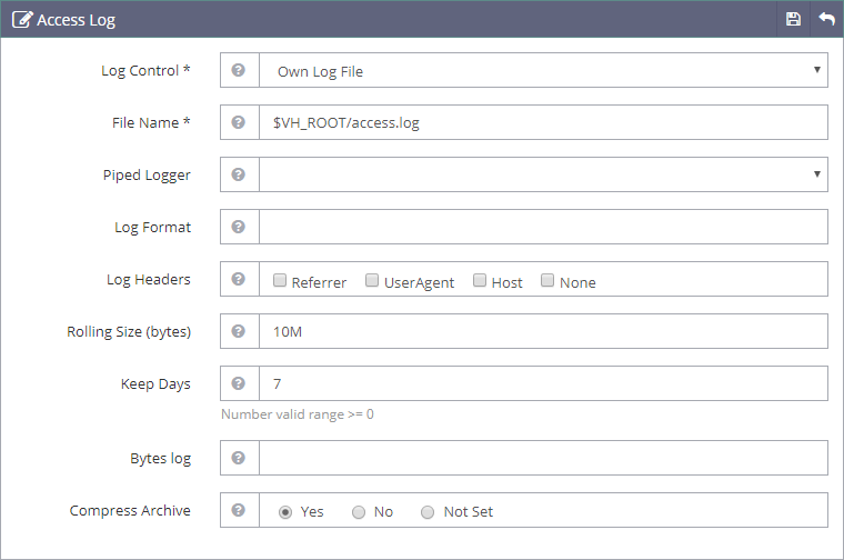 OpenLiteSpeed access log settings
