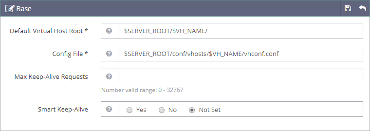 OpenLiteSpeed General tab Base settings