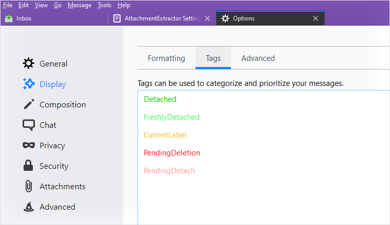 Thunderbird tags to remove attachments
