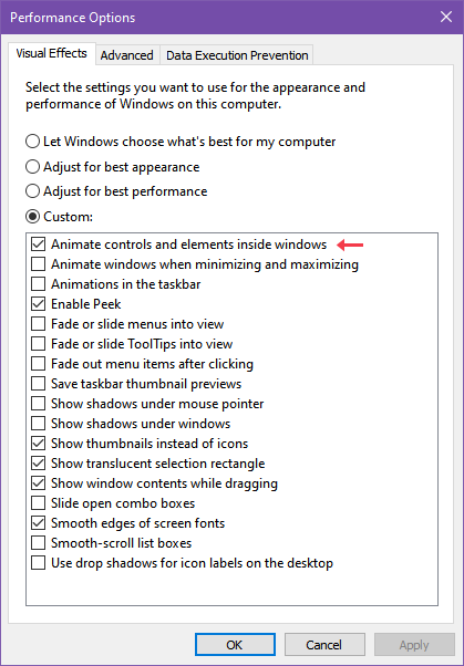 Windows 10 Performance Options: Disable Animations