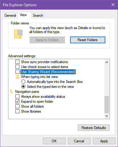 Disable sharing wizard in Windows 10 File Explorer