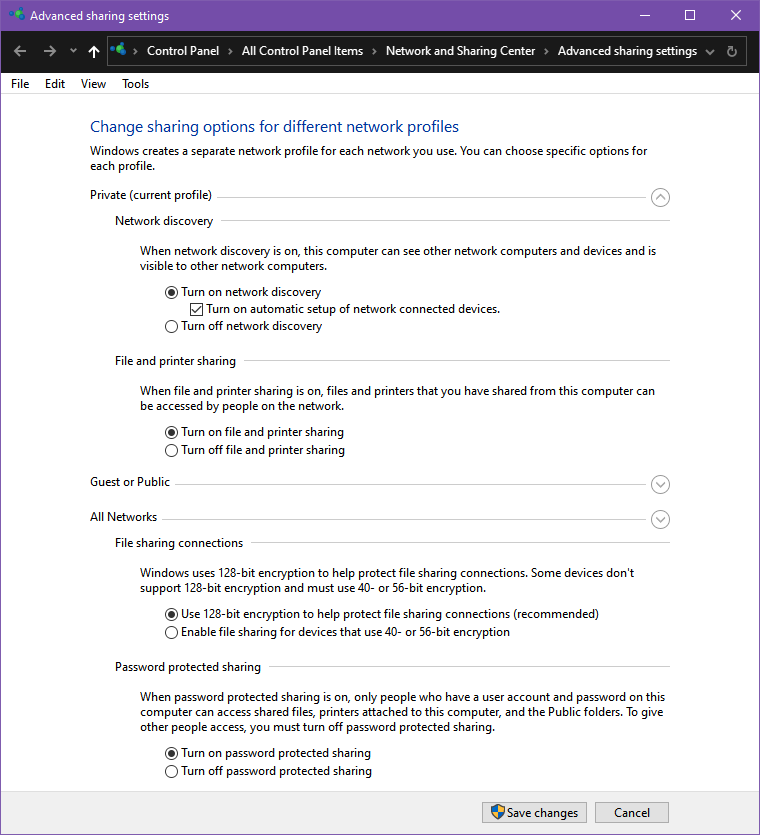 Windows 10 advanced sharing settings