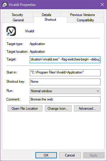 Edit Vivaldi shortcut for inspecting with developer tools