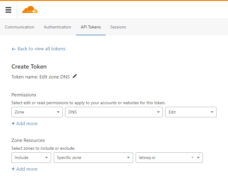 Create API Token at Cloudflare